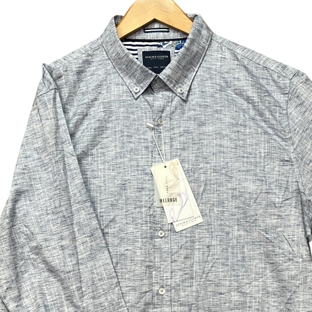Denim & Flower Button Down Shirt Mens Large Blue Heathered Melange Flip Cuff NEW - Picture 2 of 12